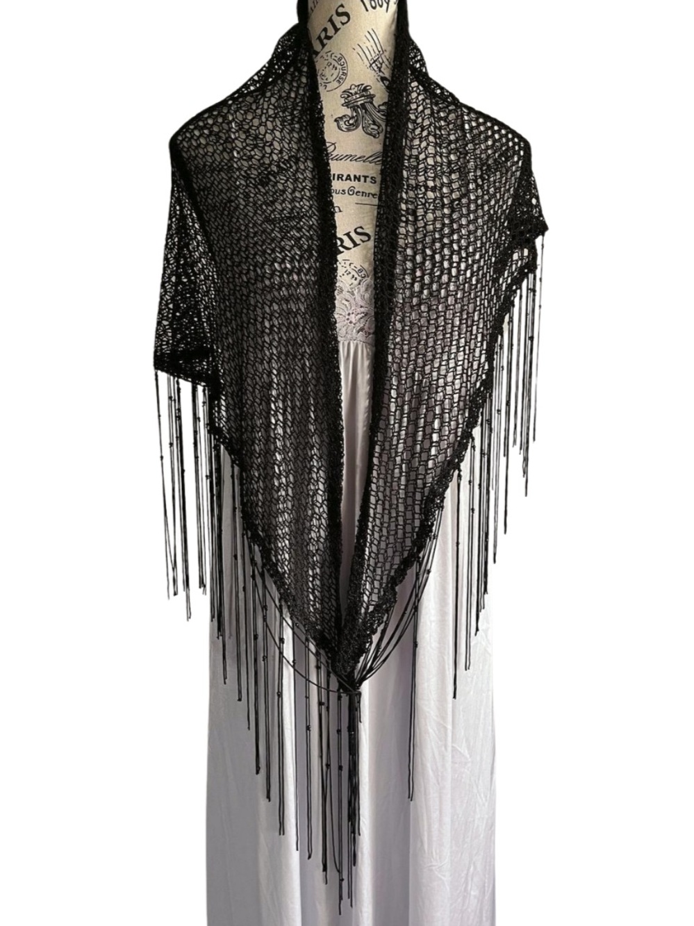 Black Beaded Fringe Triangle Shawl Scarf Goth Boho Evening Wrap Festival Beach